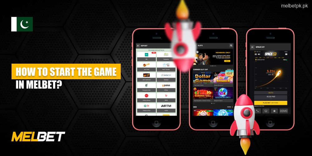 To start playing Space XY at Melbet in Pakistan, register at the casino, make a deposit, find the game among the crash games and place a bet